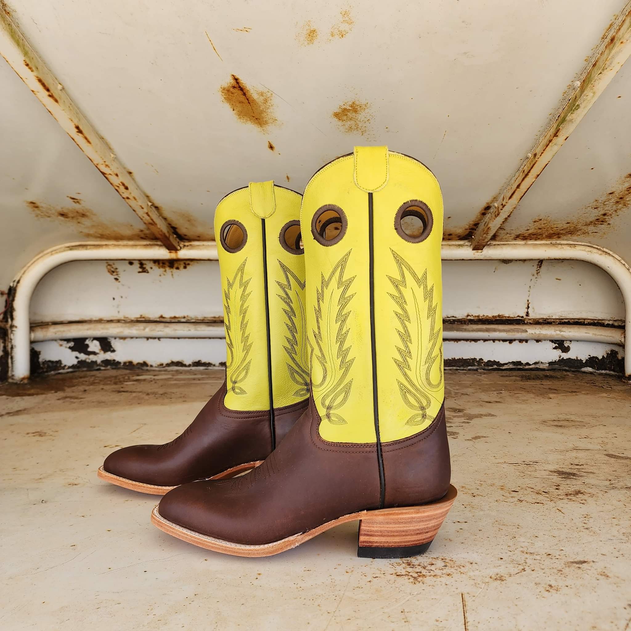 Picosa Creek Boots - Chocolate Mule W/ Yellow or Lime Green Cowhide- The Roughstock